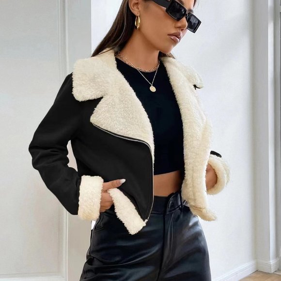 . Jackets & Blazers - Black And White Preppy Womens Teddy Lined Open Front Suedette Moto Jacket